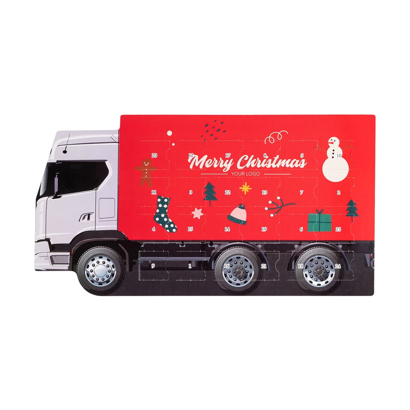 Custom shaped advent calendar with branded chocolate — a Christmas promotional confectionery product